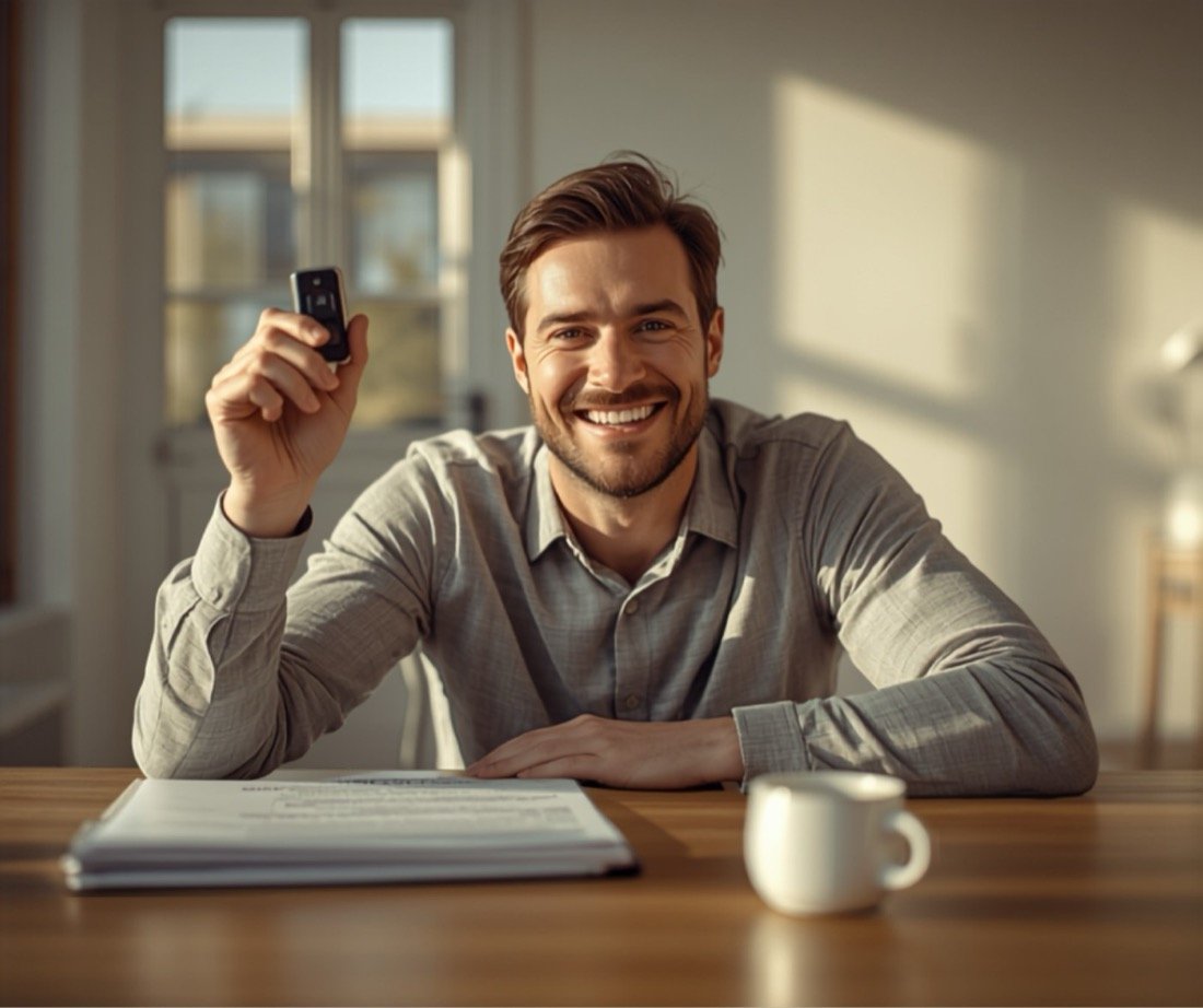 Person at home holding new car keys beside a folder of paperwork and a coffee, Los Angeles