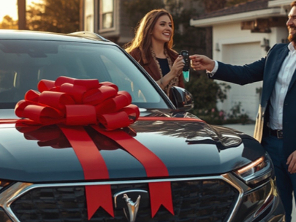 Elevate broker handing keys to a couple in their Los Angeles driveway as their new electric SUV is delivered with a bow on the hood