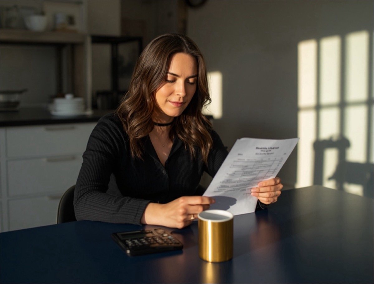 Los Angeles driver reading her monthly car lease statement at the kitchen table, calculator beside her